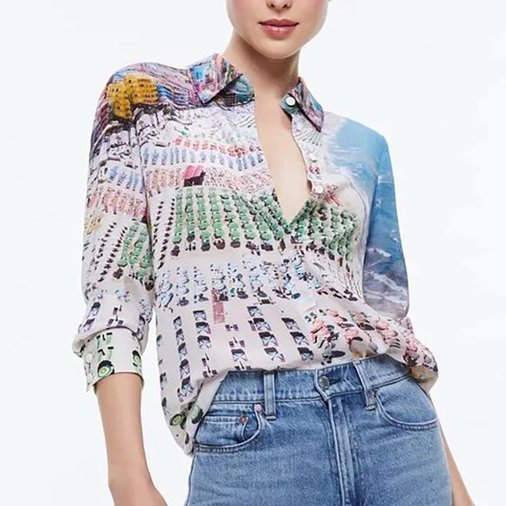 Alice + Olivia Willa Whispering Waves Silk Shirt Blouse Beach Ocean Sea M